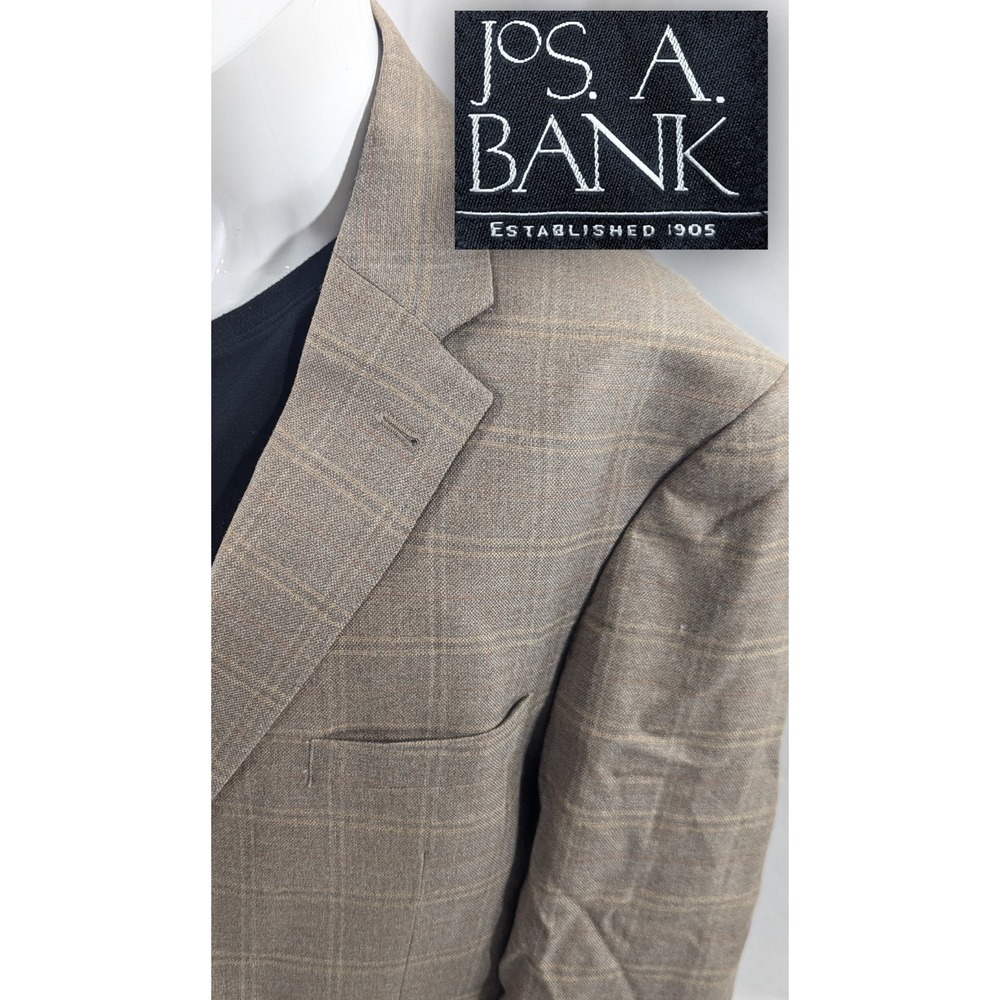 Jos. A. Bank Blazer Coat Suit Jacket Silk Wool Light Brown Plaid Pane 46R 48"